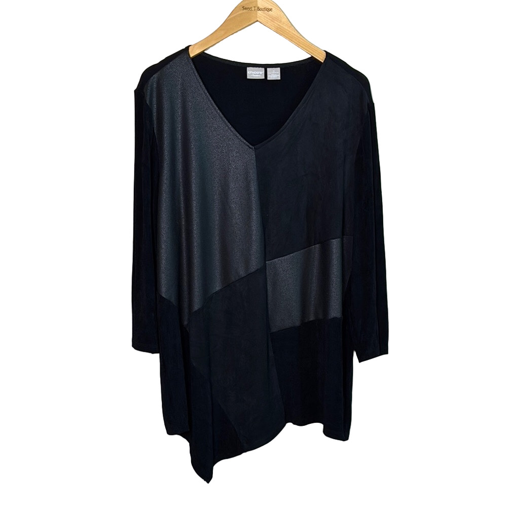 CHICO'S TRAVELERS Women XL Black Mixed Media Asymmetric Hem Tunic Top Whimsigoth